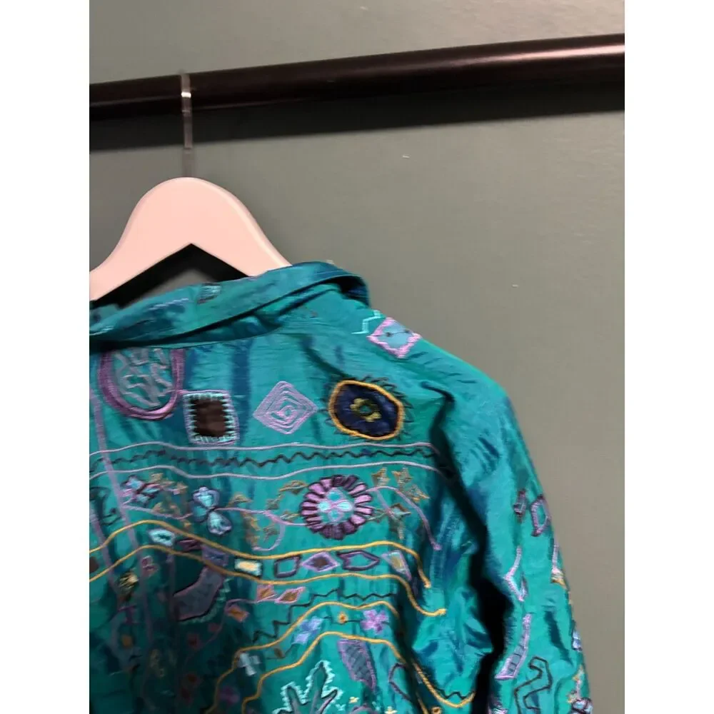 Vintage Chico's Jacket Womens Size 1 Medium Turquoise Embroidered Silk